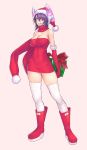  1girl bare_shoulders boots breasts christmas cleavage commentary dress elbow_gloves eyepatch full_body gift gloves hair_between_eyes hat headgear kantai_collection large_breasts looking_at_viewer pink_background purple_hair red_dress red_footwear red_hat red_scarf santa_costume santa_hat scarf short_dress short_hair simple_background skindentation smile solo standing tenryuu_(kantai_collection) thigh-highs white_legwear yellow_eyes yuuji_(and) 