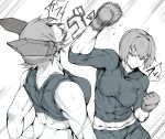  2girls abs biceps fingerless_gloves gloves greyscale headgear hyuuga_(kantai_collection) kantai_collection monochrome multiple_girls muscle muscular_female nexas punching short_hair tenryuu_(kantai_collection) toned translation_request undershirt uppercut 