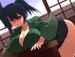  1girl blue_eyes blue_hair breast_rest breasts cleavage curvy desk highres japanese_clothes kantai_collection large_breasts long_sleeves solo souryuu_(kantai_collection) tears thighs twintails ueda_katsuhito wide_sleeves 