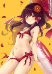  1girl bare_arms bare_shoulders bikini black_hair bow breasts commentary_request cowboy_shot flower front-tie_bikini front-tie_top hair_bow hair_flower hair_ornament hair_tubes hakurei_reimu halter_top halterneck innertube long_hair minamura_haruki navel orange_eyes petals red_bikini red_bow red_flower side-tie_bikini sidelocks simple_background small_breasts solo standing stomach swimsuit touhou under_boob yellow_background 