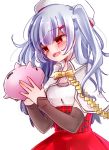  1girl :d aiguillette ajax_(azur_lane) azur_lane bangs blush bow bowtie breasts capelet colored_eyelashes commentary_request detached_sleeves eyebrows eyebrows_visible_through_hair eyelashes hair_ornament hairclip high-waist_skirt holding long_hair long_sleeves open_mouth pig piggy_bank plaid purple_hair red_eyes red_skirt shimashiro_itsuki shirt simple_background skirt sleeves_past_wrists small_breasts smile solo tongue two_side_up white_background white_capelet white_shirt yellow_bow yellow_neckwear 