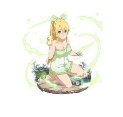  1girl barefoot blonde_hair blush breasts cleavage collarbone frilled_towel frills full_body green_eyes green_towel hair_between_eyes holding kneeling leafa long_hair looking_at_viewer medium_breasts naked_towel ponytail sidelocks simple_background smile solo sword_art_online towel very_long_hair white_background 