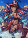  1girl animal_ears artist_name black_legwear blue_sky breasts dark_skin day fate/grand_order fate_(series) floating_hair green_eyes hand_up headpiece holding horns jewelry knee_up large_breasts long_hair looking_at_viewer navel outdoors parted_lips purple_hair queen_of_sheba_(fate/grand_order) revealing_clothes roang showgirl_skirt sidelocks signature sky smile solo teapot thigh-highs very_long_hair 