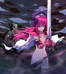  1girl blue_eyes breasts cape dragon_girl dragon_horns dragon_tail elizabeth_bathory_(brave)_(fate) elizabeth_bathory_(fate)_(all) fate/grand_order fate_(series) fog highres horns looking_at_viewer navel night night_sky pink_hair roon sky small_breasts tail tombstone 