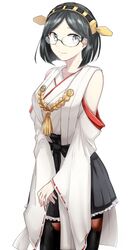  1girl bare_shoulders black_eyes black_hair detached_sleeves kantai_collection kirishima_(kantai_collection) nontraditional_miko roku1010 semi-rimless_eyewear short_hair skirt smile solo thigh-highs under-rim_eyewear white_background wide_sleeves 