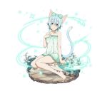  1girl animal_ears barefoot blue_eyes blue_hair blue_ribbon blue_towel cat_ears cat_tail collarbone floral_print frilled_towel frills full_body hair_ribbon head_tilt looking_at_viewer naked_towel ribbon shinon_(sao-alo) short_hair sidelocks simple_background sitting smile solo sword_art_online tail towel white_background 