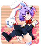  1girl animal_ears bangs between_legs black_dress black_footwear black_legwear blush bow bowtie bunny_girl bunny_tail commentary_request detached_sleeves dress eyebrows_visible_through_hair fujisaka_lyric full_body hair_between_eyes hair_ribbon hand_between_legs head_tilt long_sleeves looking_at_viewer myu_(quiz_magic_academy) no_panties parted_lips purple_hair quiz_magic_academy rabbit_ears red_neckwear ribbon shoes short_hair short_twintails sleeveless sleeveless_dress solo star starry_background striped striped_background tail thigh-highs twintails violet_eyes white_ribbon 