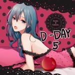  1girl apple aqua_eyes aqua_hair asd13 bare_shoulders bed_sheet breasts camisole food fruit half-closed_eyes hatsune_miku lace-trimmed_camisole lace_trim long_hair looking_at_viewer lying messy_hair on_stomach open_mouth pillow pink_background pink_camisole polka_dot polka_dot_background romeo_to_cinderella_(vocaloid) sideboob solo song_name strap_slip vocaloid 