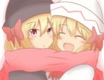 2girls blonde_hair closed_eyes hat lily_black lily_white multiple_girls open_mouth ribbon scarf shared_scarf touhou 