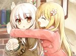  2girls :d ^_^ bangs baozi blonde_hair blush brick_wall brown_coat brown_eyes chestnut_mouth closed_eyes coat commentary_request eyebrows_visible_through_hair flower food hair_between_eyes hair_flower hair_ornament hairclip hands_up holding holding_food hug long_hair long_sleeves looking_at_viewer multiple_girls open_mouth original parted_lips pink_coat sleeves_past_wrists smile very_long_hair white_hair yuuhagi_(amaretto-no-natsu) 
