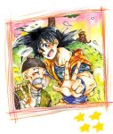  2boys ;d ake_(ake54) animal black_eyes black_hair bubbles_(dragon_ball) chinese_clothes closed_eyes dougi dragon_ball facial_hair grandfather_and_grandson grandpa_gohan grass halo hand_on_another&#039;s_shoulder happy hat looking_at_viewer male_focus monkey multiple_boys mustache one_eye_closed open_mouth smile son_gokuu spiky_hair star tree v 