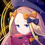  1girl abigail_williams_(fate/grand_order) bangs black_bow black_dress black_hat blonde_hair blue_eyes bow closed_mouth commentary_request dress fate/grand_order fate_(series) forehead hair_bow hat holding holding_stuffed_animal long_hair looking_down miyatsuki_sorako orange_bow parted_bangs smile solo stuffed_animal stuffed_toy teddy_bear 
