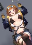  1girl absurdres bangs bare_shoulders blue_jacket blue_shorts blunt_bangs blush bra breasts brown_bra brown_gloves brown_hair brown_panties bullet commentary_request cowboy_shot eyebrows_visible_through_hair eyewear_on_head fpanda fur_trim girls_frontline gloves grey_background grizzly_mkv_(girls_frontline) gun handgun highres holster jacket knee_up large_breasts legband lying o-ring on_back open_clothes open_mouth open_shirt panties pistol shirt shorts simple_background solo sunglasses thigh-highs torn_clothes underwear violet_eyes weapon white_shirt 