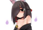  1girl animal_ears azur_lane bangs bare_shoulders black_eyes black_hair black_kimono breasts censored choker closed_mouth collarbone empty_eyes eyebrows facing_away fake_animal_ears fire hair_over_one_eye hair_ribbon hitodama japanese_clothes kimono looking_at_viewer moru_(monaka) no_bra no_nose novelty_censor off_shoulder purple_fire rabbit_ears red_choker ribbon shiranui_(azur_lane) short_hair simple_background small_breasts solo tareme upper_body white_background 