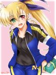  1girl :d arms_behind_back asymmetrical_bangs bangs black_shirt blonde_hair blue_jacket blue_pants blue_ribbon cowboy_shot dasuto drill_locks eyebrows_visible_through_hair gift green_eyes hair_ribbon happy_birthday heterochromia holding jacket long_hair looking_at_viewer lyrical_nanoha mahou_shoujo_lyrical_nanoha_vivid older open_clothes open_jacket open_mouth pants pink_background red_eyes ribbon shirt side_ponytail single_vertical_stripe smile solo standing t-shirt track_jacket track_pants twitter_username vivio 