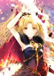  1girl arm_up armpits blonde_hair cape commentary_request ereshkigal_(fate/grand_order) fate/grand_order fate_(series) hair_ribbon highres iroha_(shiki) long_hair looking_up ribbon skull_necklace smile solo tiara tohsaka_rin two_side_up yellow_eyes 