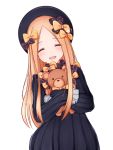  1girl :d abigail_williams_(fate/grand_order) bangs black_bow black_dress black_hat blonde_hair blue_eyes blush bow butterfly crying dress eyebrows_visible_through_hair fate/grand_order fate_(series) hair_bow hands_in_sleeves hat karu_(qqqtyann) long_hair long_sleeves looking_at_viewer object_hug open_mouth orange_bow parted_bangs polka_dot polka_dot_bow simple_background smile solo stuffed_animal stuffed_toy tears teddy_bear very_long_hair white_background 