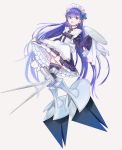  1girl alternate_costume blue_eyes enmaided fate/grand_order fate_(series) frills hair_ribbon highres kogekontaro long_hair maid maid_headdress meltlilith_(fate) prosthesis purple_hair ribbon sleeves_past_wrists solo spikes tray 