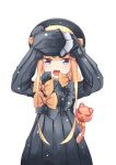  1girl abigail_williams_(fate/grand_order) aiee arms_up bangs black_bow black_dress black_hat blonde_hair blue_eyes blush bow covering dress fang fate/grand_order fate_(series) hair_bow hands_in_sleeves hat highres long_sleeves looking_at_viewer open_mouth orange_bow orion_(fate/grand_order) parted_bangs polka_dot polka_dot_bow stuffed_animal stuffed_toy teddy_bear tsurime v-shaped_eyebrows 