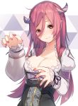  1girl artist_name blouse blush breasts claw_pose claws cleavage closed_mouth collarbone fingernails gao hair_between_eyes hands_up highres horns large_breasts long_hair looking_at_viewer meth_(emethmeth) nail_polish original pink_eyes pink_hair pink_nails pointy_ears puffy_sleeves sharp_fingernails sidelocks signature solo underbust upper_body white_blouse 