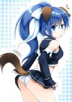  1girl :o animal_ears bangs bare_shoulders black_gloves black_shirt black_skirt blue_eyes blue_hair blue_skirt blush bow breasts commentary_request detached_sleeves dog_ears dog_girl dog_tail eyebrows_visible_through_hair fingerless_gloves fujisaka_lyric gloves hair_between_eyes hair_bow high_ponytail long_hair long_sleeves looking_at_viewer looking_to_the_side medium_breasts panties pantyshot pantyshot_(standing) parted_lips ponytail quiz_magic_academy ribbon shirt sidelocks skirt sleeveless sleeveless_shirt small_breasts solo standing tail underwear very_long_hair white_bow white_panties white_ribbon yuri_(quiz_magic_academy) 