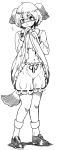  1girl animal_ears bangs bloomers blush closed_mouth commentary_request dress dress_lift eyebrows_visible_through_hair flying_sweatdrops full_body greyscale highres himajin_no_izu kasodani_kyouko lifted_by_self loafers long_sleeves looking_at_viewer monochrome navel nose_blush shoes short_hair simple_background socks solo standing sweat tail touhou underwear white_background 
