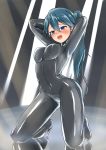  arms_behind_head blue_hair blush bodysuit covered_navel high_heels highres houshou_(kantai_collection) kantai_collection kneeling latex open_mouth ponytail skin_tight 