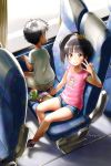  1boy 1girl arm_up black_hair bow brown_eyes bus_interior denim denim_shorts highres kneeling legs long_hair mayafufu open_mouth original pink_shirt print_shirt ribbon shirt shoes short_hair short_shorts shorts side_ponytail sitting smile sneakers v window 