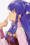  1girl bell blue_hair bow double_bun eyebrows_visible_through_hair finger_to_mouth from_side grey_background hair_between_eyes hair_bow hankuri jingle_bell long_hair long_sleeves looking_up profile ranma_1/2 shampoo_(ranma_1/2) sidelocks simple_background solo upper_body vest violet_eyes white_bow 