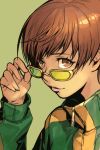  1girl adjusting_eyewear brown_eyes brown_hair glasses green_background green_jacket hand_up hankuri jacket light_smile long_sleeves looking_at_viewer parted_lips persona persona_4 pink_lips satonaka_chie short_hair simple_background solo 