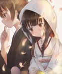  1boy 1girl blush brown_hair cherry_blossoms commentary formal green_eyes highres hood japanese_clothes kimono kono_subarashii_sekai_ni_shukufuku_wo! leaning_on_person megumin obi orange_eyes sash satou_kazuma short_hair_with_long_locks uchikake white_background yuno_(suke_yuno) 