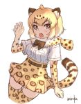  1girl animal_ears blonde_hair bow bowtie breast_pocket brown_neckwear claw_pose elbow_gloves eyebrows_visible_through_hair fur_collar gloves hand_up high-waist_skirt jaguar_(kemono_friends) jaguar_print kemono_friends legs_together looking_at_viewer pocket shirt short_hair signature simple_background skirt slit_pupils solo tail thigh-highs umiroku upper_body white_background white_shirt yellow_eyes 