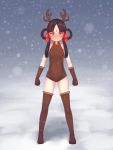  1girl antlers aposine bangs bell bell_collar black_hair blush boots brown_gloves brown_legwear brown_leotard christmas clenched_hand clenched_teeth collar covered_navel facial_mark forehead_mark full_body gloves green_eyes gyakuten_saiban gyakuten_saiban_6 hair_rings highres long_hair looking_at_viewer nose_blush parted_bangs rayfa_padma_khura&#039;in sidelocks snow snowing solo standing tattoo teeth thigh-highs thigh_boots 