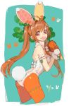  1girl ahoge alternate_costume animal_ears arm_garter bangs bow brown_hair bunny_girl bunny_tail bunnysuit carrot detached_collar eiyuu_densetsu estelle_bright fake_animal_ears gloves hair_intakes highres leotard long_hair looking_at_viewer nishihara_isao open_mouth rabbit_ears red_eyes solo sora_no_kiseki strapless strapless_leotard tail twintails wrist_cuffs 