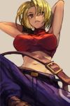  1girl ankle_boots armpits bare_shoulders belt blonde_hair blue_mary boots breasts bright_pupils brown_eyes brown_footwear crop_top grey_background hankuri large_breasts looking_at_viewer midriff navel pants parted_lips purple_pants red_shirt shirt short_hair simple_background solo the_king_of_fighters 