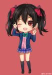  1girl :d \m/ annabel-m black_footwear black_hair black_legwear blue_jacket blue_skirt blush bow bowtie chibi commission double_\m/ full_body green_neckwear hair_between_eyes hair_bow hands_up jacket kneehighs looking_at_viewer love_live! love_live!_school_idol_project one_eye_closed open_mouth pink_vest pleated_skirt red_bow red_eyes school_uniform shirt shoes short_hair skirt smile solo standing twintails twitter_username white_shirt yazawa_nico 