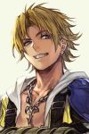  1boy backpack bag blonde_hair blue_eyes chains earrings final_fantasy final_fantasy_x grey_background grin hankuri hood hood_down jacket jewelry looking_at_viewer male_focus necklace simple_background smile solo tidus upper_body 