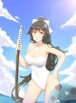  1girl absurdres azur_lane ball beachball black_hair blue_sky bokken bow brown_eyes casual_one-piece_swimsuit clouds contrapposto cowboy_shot criss-cross_halter hair_bow hair_flaps hair_ribbon halterneck highres holding holding_sword holding_weapon long_hair meng_ge_3_(565571710) one-piece_swimsuit ponytail ribbon sky solo standing swimsuit sword takao_(azur_lane) very_long_hair weapon white_bow white_swimsuit wooden_sword 