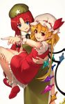  2girls blonde_hair blue_eyes carrying flandre_scarlet green_hat hat highres hong_meiling mikami_yuuki_(nl8you) multiple_girls pointing pointy_ears red_eyes redhead solo star touhou white_background white_hat wings wrist_cuffs 