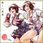  2girls breasts brown_eyes brown_hair cleavage crossover employee_uniform headband kasugano_sakura kazama_asuka multiple_girls open_collar richard_suwono running short_hair short_shorts shorts skirt smile street_fighter street_fighter_v tekken tekken_7 uniform 