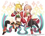  2014 2017 2girls antlers artist_name black_footwear black_gloves black_legwear blonde_hair blush boots bow brown_hair capelet christmas commentary_request company_name crossover dress english eyebrows_visible_through_hair fingerless_gloves full_body fur_trim gloves gochuumon_wa_usagi_desu_ka? green_bow hair_between_eyes hairband hat head_tilt high_heels hoto_cocoa jacket kai-ri-sei_million_arthur looking_at_viewer multiple_girls number one_eye_closed pantyhose pouch red_dress red_eyes red_jacket reindeer_antlers ribbon santa_costume santa_hat single_thighhigh star striped striped_ribbon thigh-highs tokki touzoku_arthur v-shaped_eyebrows violet_eyes w watermark white_background wrist_cuffs 