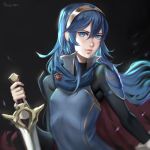  1girl armor blue_eyes blue_hair cape falchion_(fire_emblem) fire_emblem fire_emblem:_kakusei gloves highres looking_at_viewer lucina ragecndy simple_background solo sword tiara weapon 