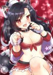  1girl :d animal_ears azur_lane black_hair breasts cleavage collar collarbone commentary fake_animal_ears go-it long_hair looking_at_viewer navel open_mouth ponytail red_eyes shigure_(azur_lane) smile solo tail wolf_tail 