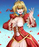  1girl ahoge blonde_hair blue_background breasts cleavage corset dress epaulettes fate/extra fate_(series) gradient gradient_background green_eyes highres medium_breasts nero_claudius_(fate) nero_claudius_(fate)_(all) open_mouth petals ppyumeuleulu short_hair solo 