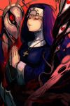  1girl blonde_hair blue_dress closed_eyes cross cross_necklace double_(skullgirls) dress extra_eyes hands_clasped hankuri jewelry long_sleeves looking_at_viewer necklace nun own_hands_together parted_lips praying red_eyes skullgirls solo veil 