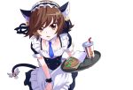  1girl akatsu_masato alternate_costume animal_ears apron bell blue_neckwear blush brown_eyes brown_hair cat_ears cat_tail embarrassed enmaided hair_bell hair_ornament maid maid_apron maid_headdress necktie open_mouth puffy_short_sleeves puffy_sleeves short_hair short_sleeves solo sweatdrop tail tail_bell tray wrist_cuffs yu-gi-oh! yuu-gi-ou_vrains zaizen_aoi 
