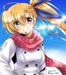  1girl asymmetrical_bangs bangs blonde_hair blue_ribbon breath casual closed_mouth clouds cloudy_sky condensation_trail dasuto dated day drill_hair drill_locks eyebrows_visible_through_hair green_eyes hair_ribbon hands_in_pockets head_tilt heterochromia highres long_hair looking_at_viewer lyrical_nanoha mahou_shoujo_lyrical_nanoha_vivid older outdoors red_eyes red_scarf ribbon scarf side_ponytail sky smile solo standing twitter_username upper_body vivio white_coat winter_clothes 