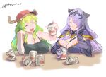  2girls :d absurdres bangs bare_arms bare_shoulders beer_can blonde_hair breast_rest breasts camilla_(fire_emblem_if) camisole can cleavage closed_eyes closed_mouth commentary_request dated dragon_girl drooling drunk eyebrows_visible_through_hair facing_viewer fire_emblem fire_emblem_if gauntlets gorgeous_mushroom green_hair hair_over_one_eye headpiece highres horns huge_breasts kobayashi-san_chi_no_maidragon large_breasts long_hair multicolored_hair multiple_girls open_mouth purple_hair quetzalcoatl_(maidragon) signature sitting sketch smile table 