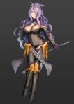  1girl armor armored_boots axe black_armor black_footwear black_panties boots breasts bustier camilla_(fire_emblem) capelet cleavage fire_emblem fire_emblem_if full_body gradient gradient_background hair_over_one_eye hand_on_own_chest large_breasts lips long_hair panties purple_hair reverse_grip shoron smile solo thigh-highs thigh_boots thighs tiara underwear vambraces very_long_hair violet_eyes wavy_hair 