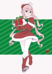  1girl belt boots box brown_eyes capelet full_body fur-trimmed_capelet fur-trimmed_dress gift gift_box glasses gloves green_background hair_bun hat holding holding_gift kantai_collection long_hair makigumo_(kantai_collection) ojipon pantyhose pink_hair red_footwear santa_boots santa_costume santa_hat smile solo standing striped striped_background white_background white_gloves white_legwear 